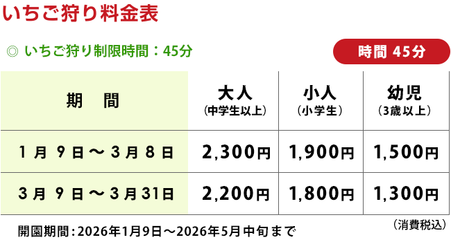 時間制限45分 ハッピー農園イチゴ狩り料金表