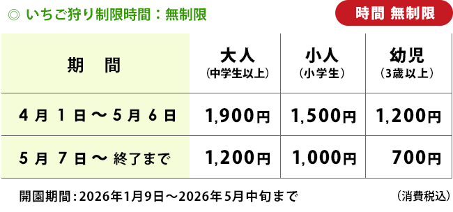 いちご狩り時間無制限 ハッピー農園イチゴ狩り料金表